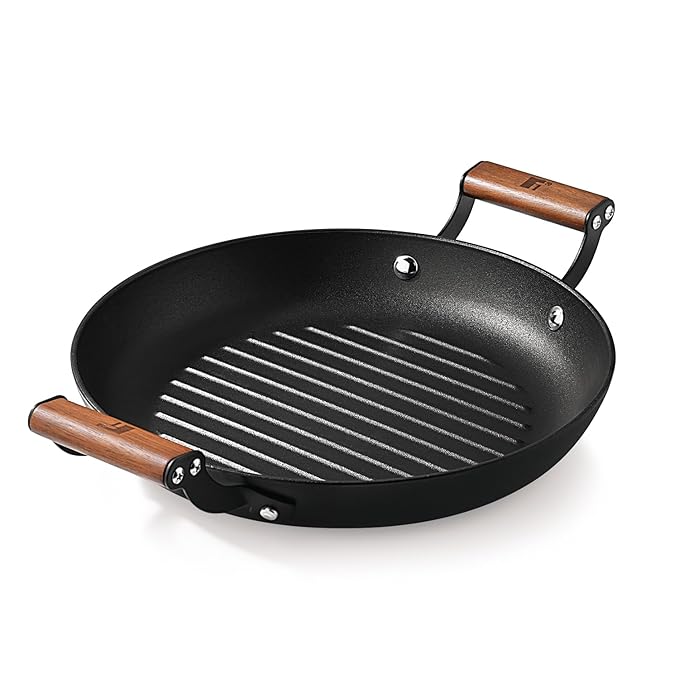 28 cm Cast Iron Grill Plate, Round Grilled Plate With Wooden Coated Handle