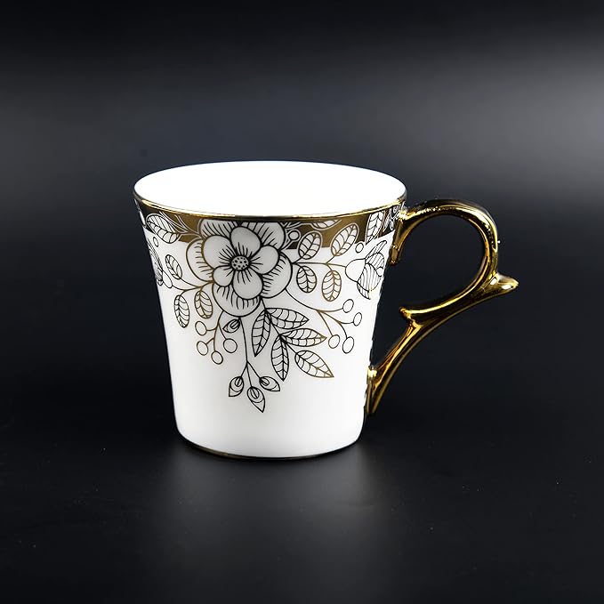 Premium Gold Floral Buds Leaves Ceramic Coffee & Tea Cup Set of 6, 160 ml