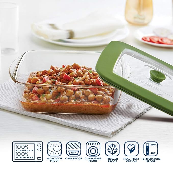 Microwave Safe and Oven Safe Square Glass Baking Dish With Green Lid, 1 Count, Transparent