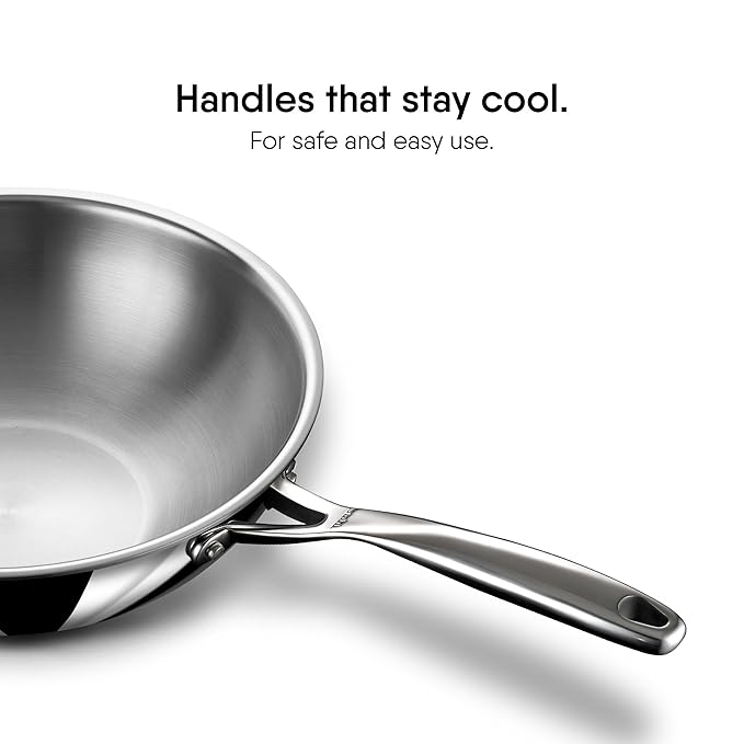 Triply Stainless Steel Wok With Lid, Tri Ply Deep Steel Kadai, Deep Fry Pan With Induction Base, Dia 22 cm