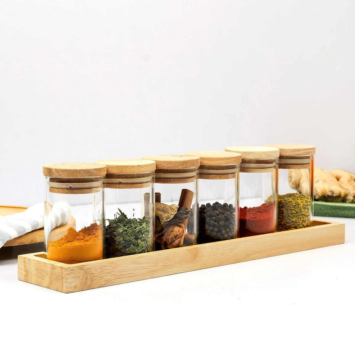 Set of 6 Glass Spice Jars with Wooden Tray, 90 ml, Airtight, Rubberwood Lid, Brown