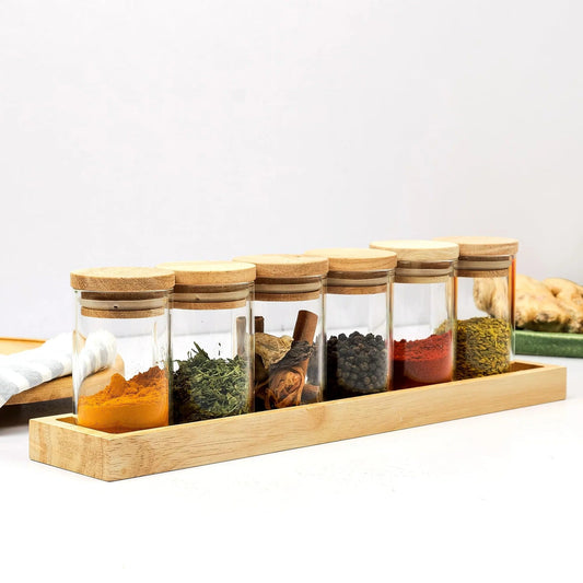 Set of 6 Glass Spice Jars with Wooden Tray, 90 ml, Airtight, Rubberwood Lid, Brown