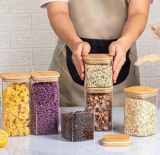 Kitchen Storage Jars Borosilicate Glass Jar With Wooden Lid Air Tight Jar, 450 ml, Pack of 4