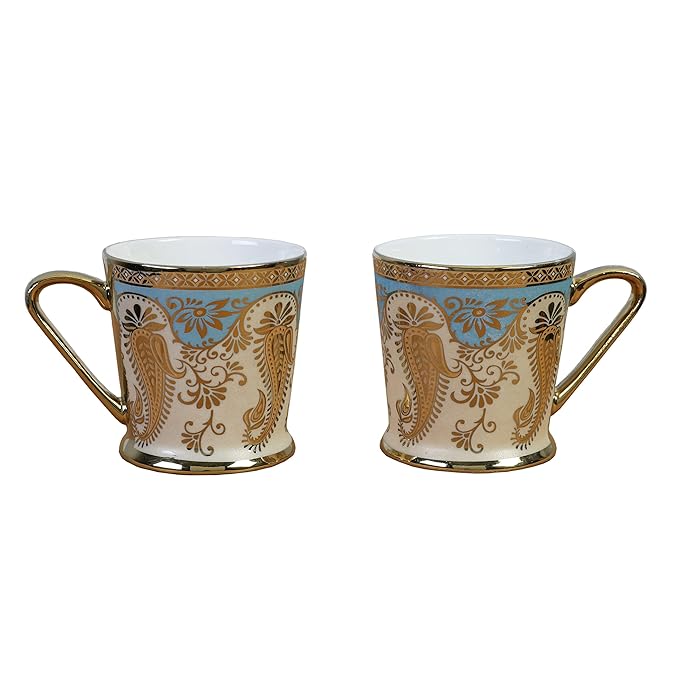 Golden Leaf Tea Mugs, Ceramic Tea Cups, Coffee Mugs, 180 ml, Golden, 6 Pcs Set, Not Microwave Safe