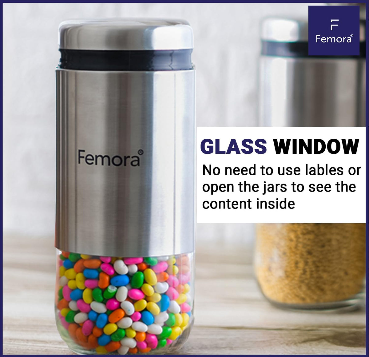 Kitchen Storage Jars Steel Body With See Through Bottom Jar, 900 ml, Set of 2