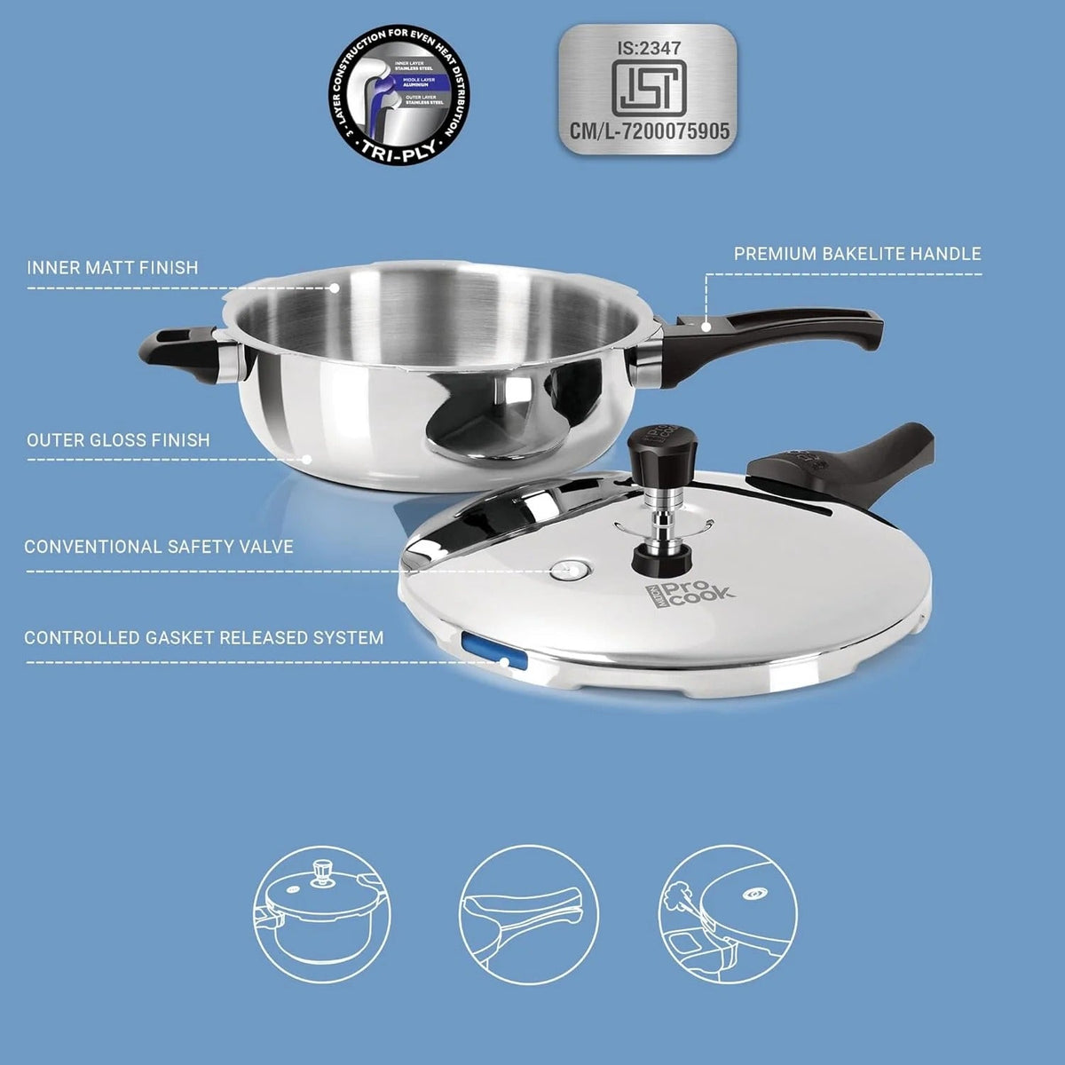 Triply Stainless Steel Pressure Pan 4.5L Outer Lid Induction