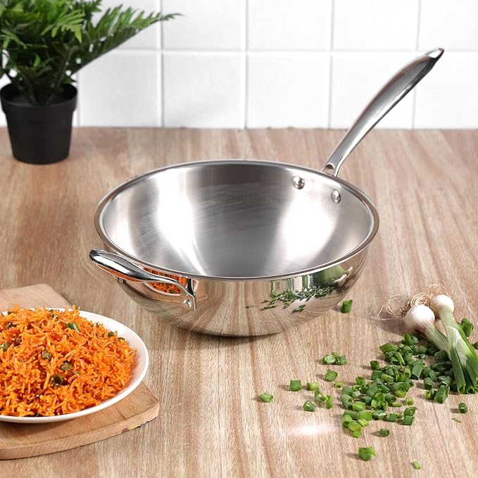 Triply Stainless Steel Wok - 3 L, 26 cm, Riveted Handle, Stir, Shallow Fry, Noodles, Curry