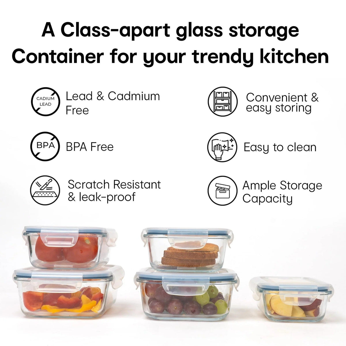 5-Piece Glass Storage Container Set, Lockable Lids, Leak-Proof, Spill-Proof, Clear