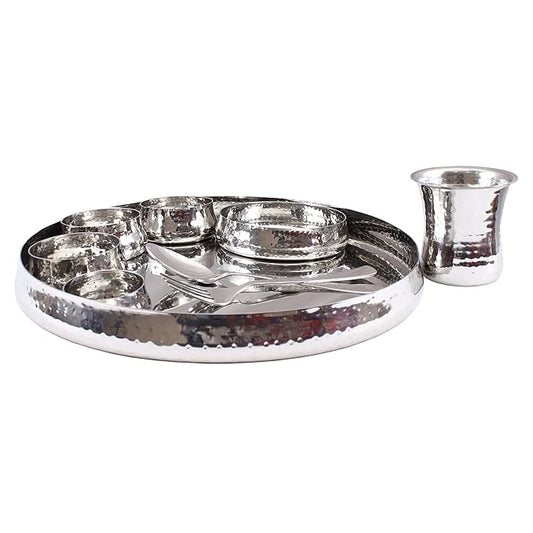 Stainless Steel Curved Dinner Set/Thali Set of 1 Plate, 1 Small Plate 3 Bowl, 1 Small Bowl, 1 Glass