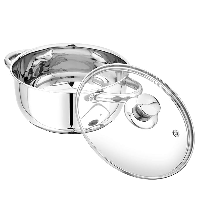 Tri Ply Sandwich Induction Base Cooking Essential Stainless Steel Casserole with Knob Glass Lid