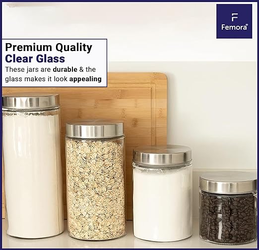 Kitchen Storage Jars Borosilicate Glass With Steel Lid Air Tight Kitchen Jar and Container, 1100 ml - Pack of 2