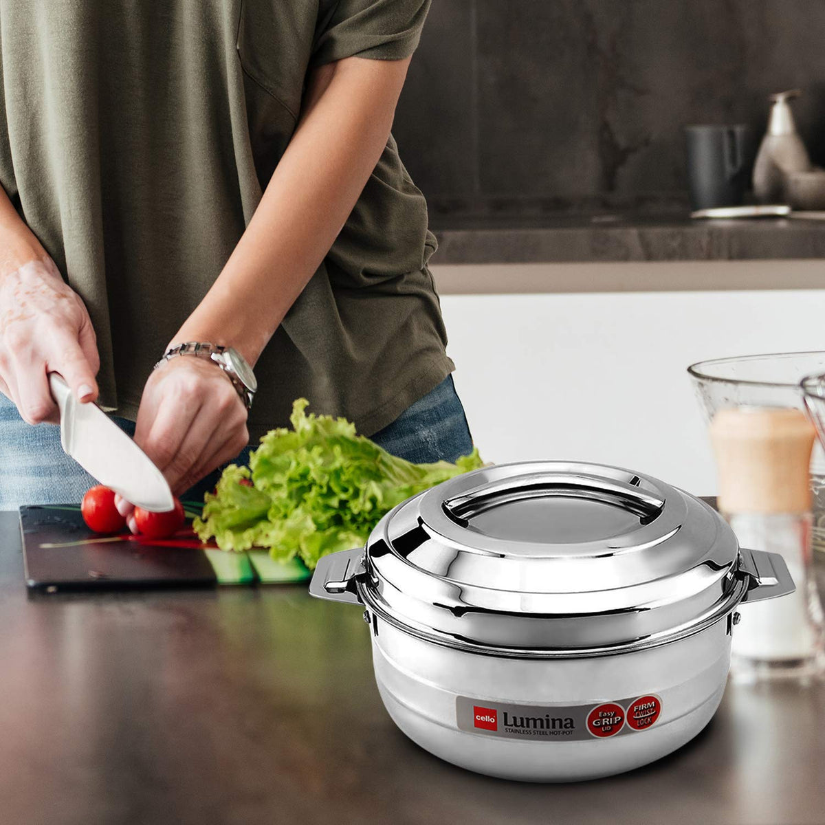 Lumina Stainless Steel Casserole, Double Walled, 1500 ml, Silver, Solid
