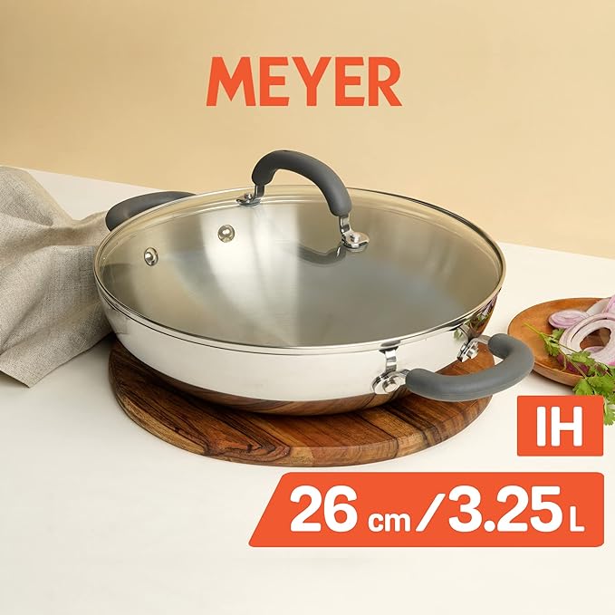 Trivantage Nickel Free Stainless Steel Triply Kadai with Steel Lid 26 cm Silver
