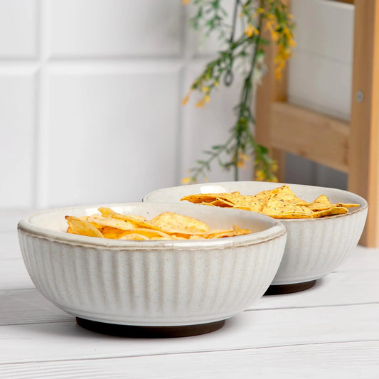 6 inch Sable Small Stoneware Bowl Set of 2 Hand Glazed Beige Grey Embossed Microwave Dishwasher Safe