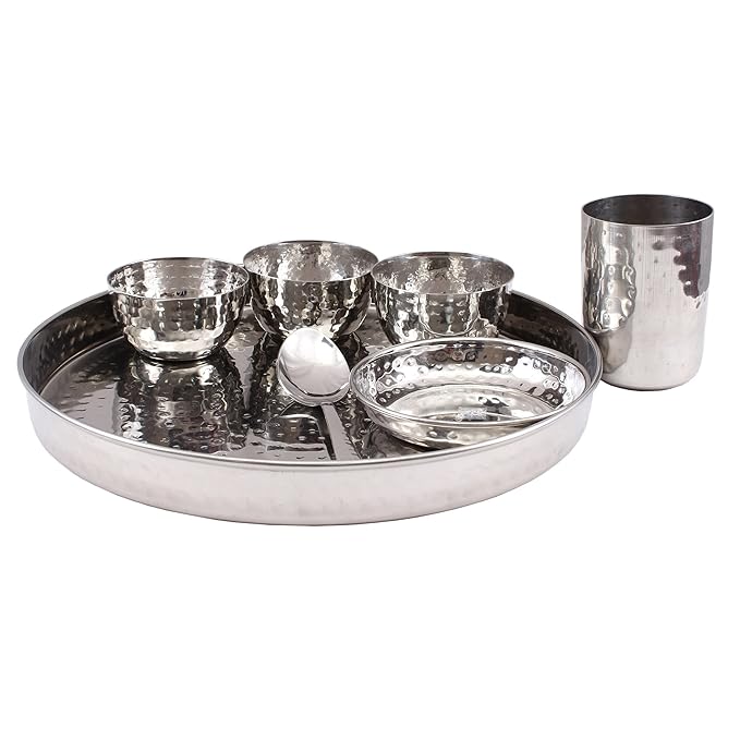 Stainless Steel Dinner Set/Thali Set of 1 Plate 1 Small Plate 3 Bowls, 1 Glass & 1 Spoon (7 Pieces)