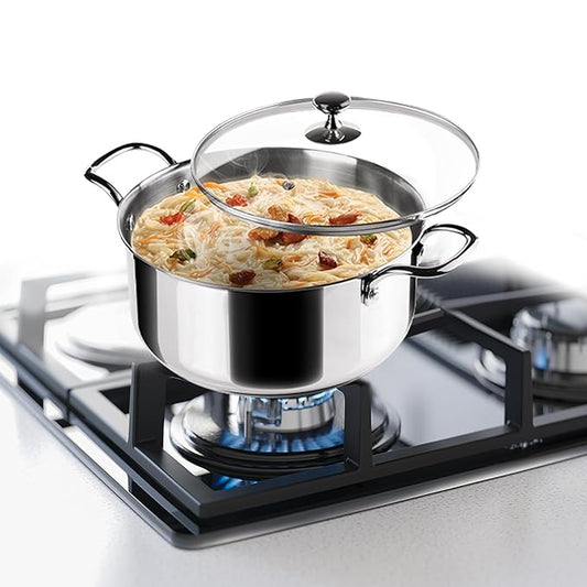Triply Stainless-Steel Sandwich Bottom Casserole Handi/Stock Pot/Biryani Pot with Glass Lid 22 cm