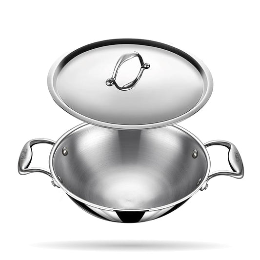 Triply Stainless Steel Round Bottom Kadhai With Lid, Extra Deep Kadai, Stainless Steel Cookware, 2.6 L
