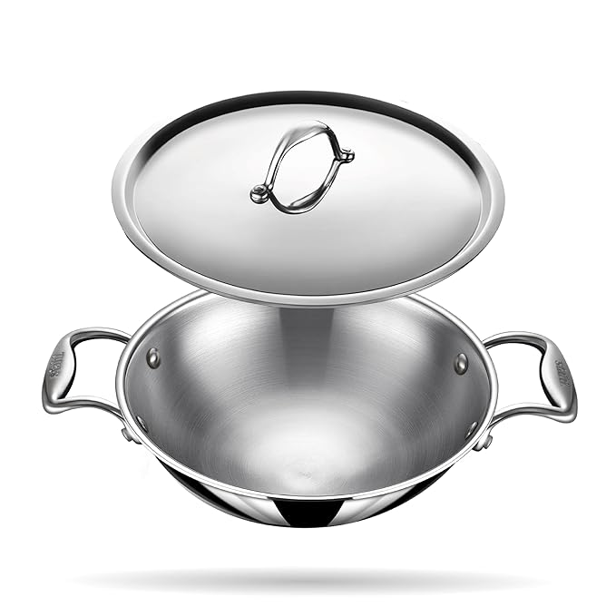 Triply Stainless Steel Round Bottom Kadhai With Lid, Extra Deep Kadai, 1.8 L, 20 cm