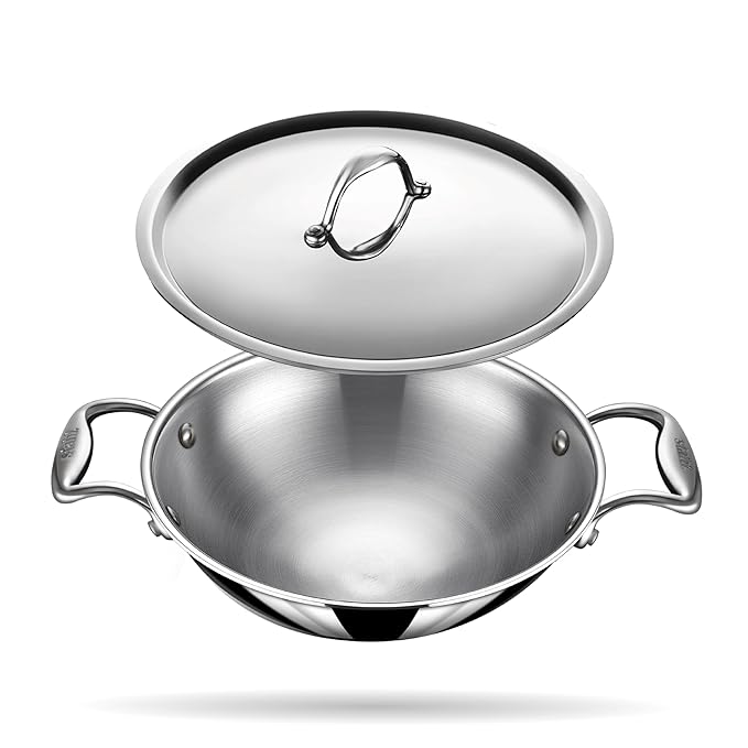Triply Stainless Steel Round Bottom Kadhai With Lid, Extra Deep Kadai, 2.3 L, 22 cm