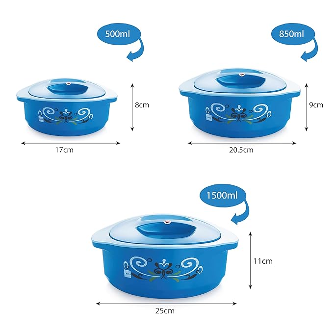 Hot Serve Insulated Inner Steel Casserole Set of 3, Blue, Hot Box for Kitchen