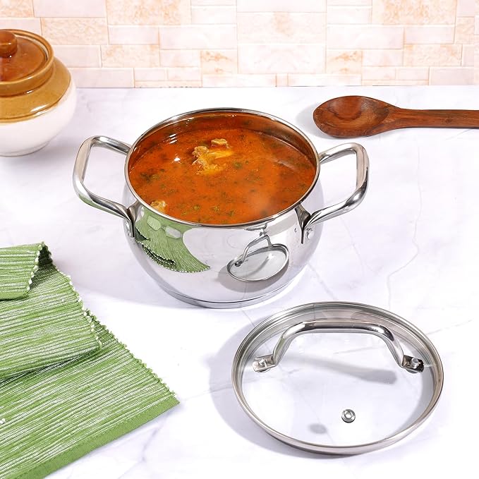 Stainless Steel Saucepot With Glass Lid 1.3 L, 14 cm, 2.6 mm Thick Base, Triply Casserole