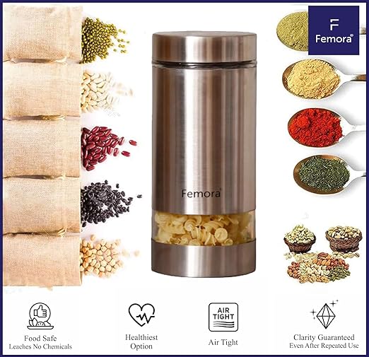 Kitchen Storage Jars Steel Body With See Through Window Jar, 700 ml, Pack of 4
