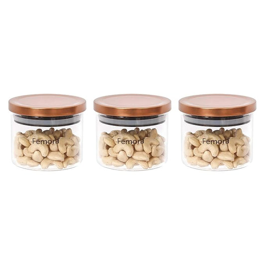 Borosilicate Glass Jar With Golden Metallic Lid, Jars for Kitchen Storage, 300 ml, Set of 3