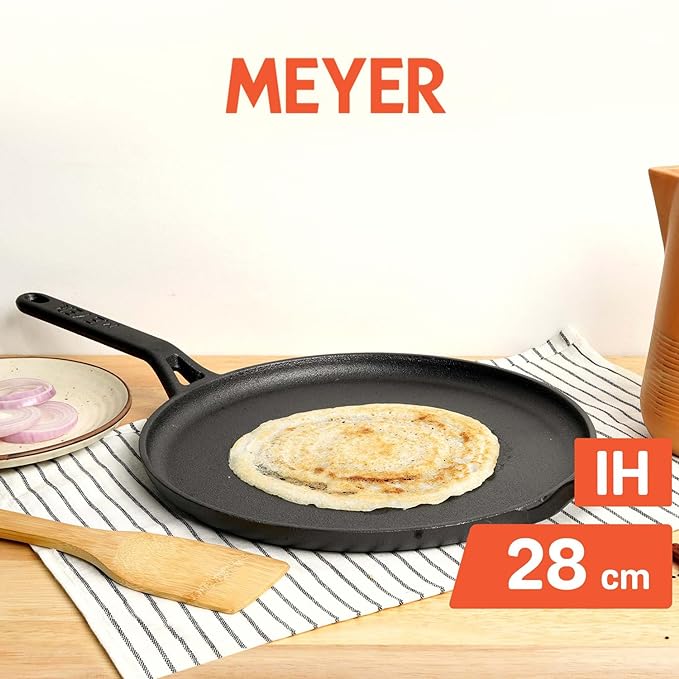 Pre-Seasoned Cast Iron Flat Dosa, Roti, Chapati Tawa Pan with Stick Handle 28 cm, Black