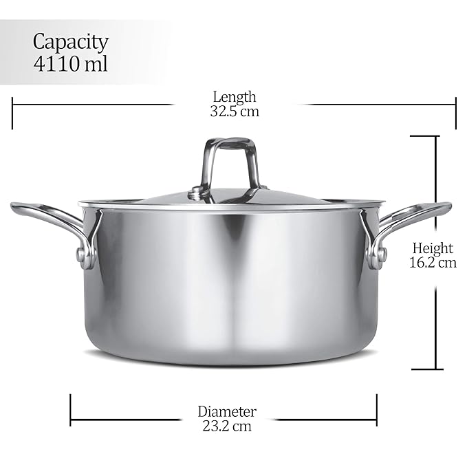 Triply Stainless-Steel Casserole Handi/Stock Pot/Biryani Pot with Lid 22 cm, 4 L