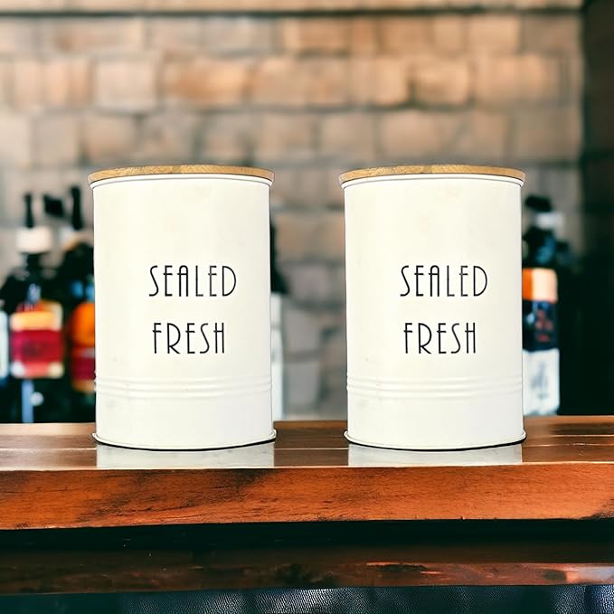 Kitchen Storage Jars Tin Jar With Wooden Lid Air Tight Jar, 900 ml, Set of 2