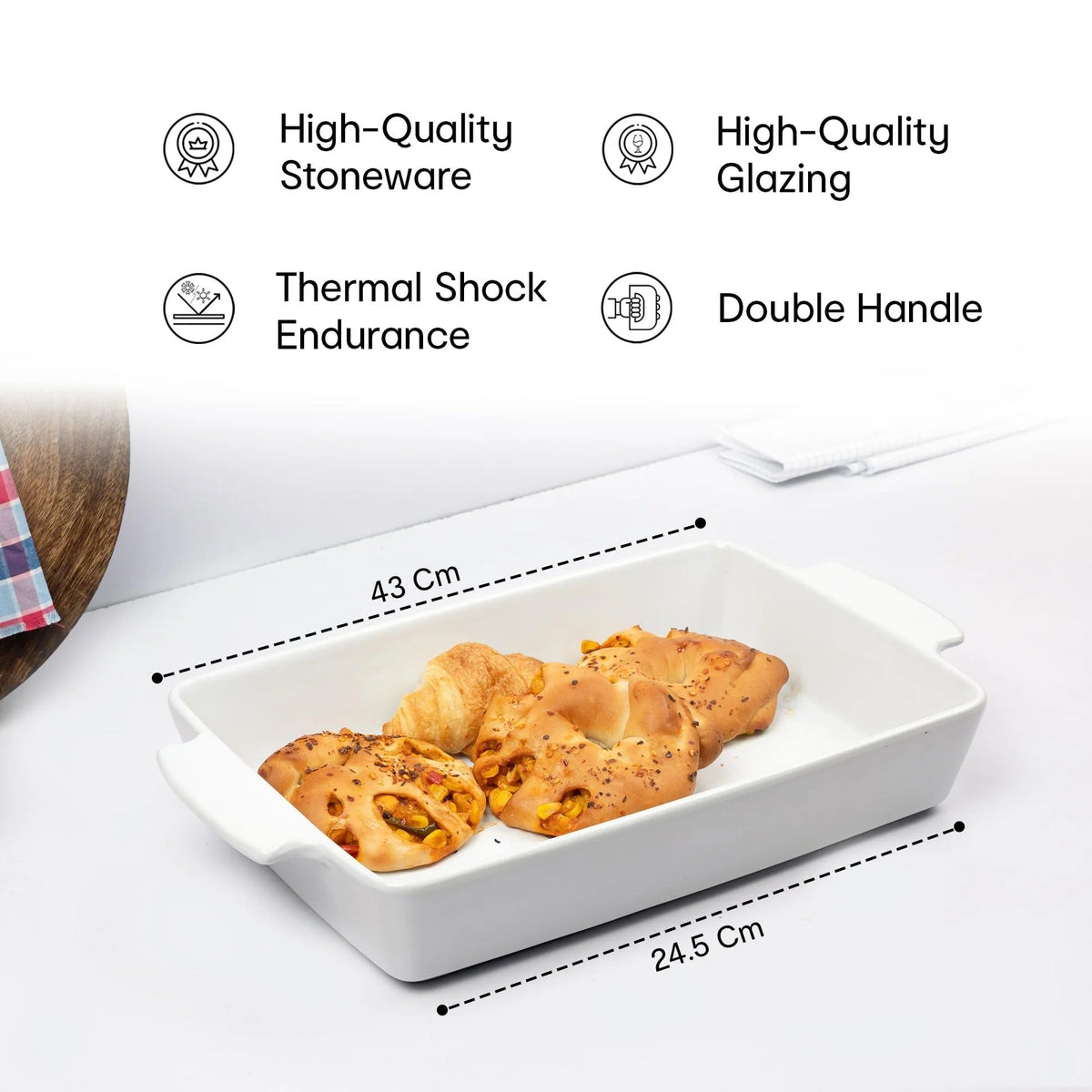 White Rectangular Stoneware Baking Tray Oven Dishwasher Microwave Safe 6.7x43x24.5 cm