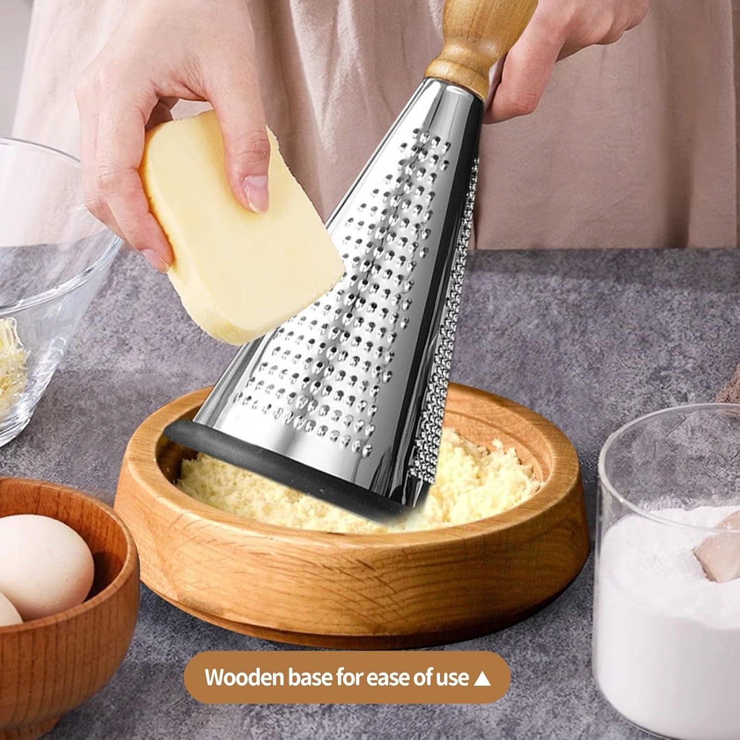 Multi-functional Stainless Steel Cone-Shaped Cheese Grater with Container and Wooden Handle – Perfect for Parmesan Cheese, Vegetables, and Fruits in a Vintage Style