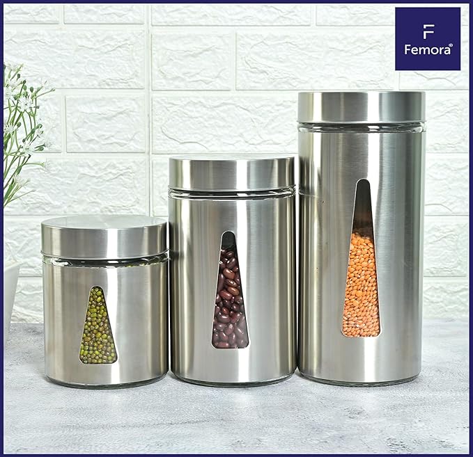 Kitchen Storage Jars Steel Finish With See Through Window Jar, 700 ml, Pack of 6, Silver