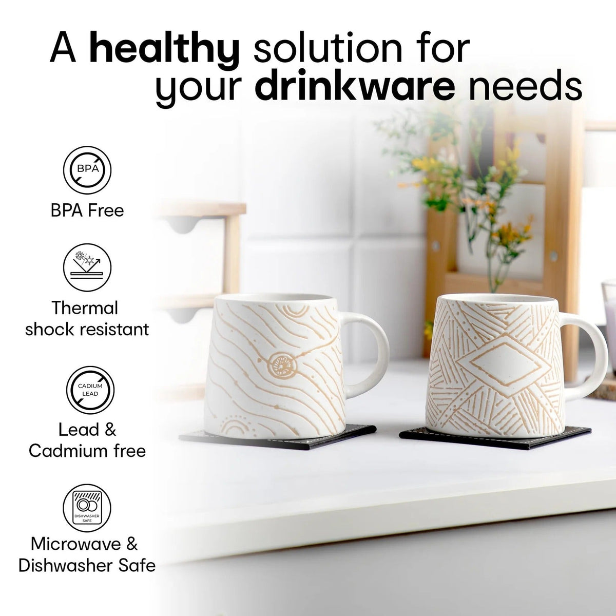 Waluvin Set of 2: Stylish White & Beige Stoneware Mugs, 400 ml, Embossed Design