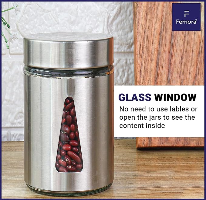 Kitchen Storage Jars Steel Finish With See Through Window Jar, 700 ml, Pack of 6, Silver