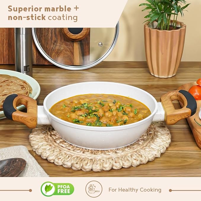 Naturally Forged Nonstick 28 cm Kadai With Glass Lid, 3.3 L Capacity