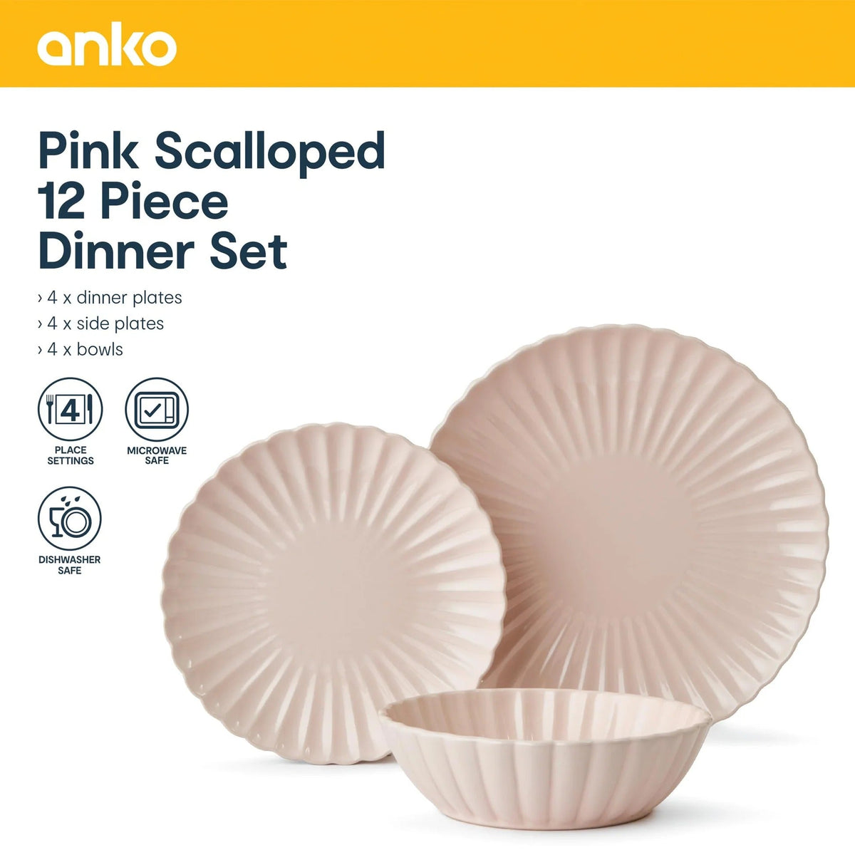 Scalloped 12 Pieces Solid Stoneware Dinner Set Pink Lead Cadmium Free Microwave Dishwasher Safe 4 Dinner