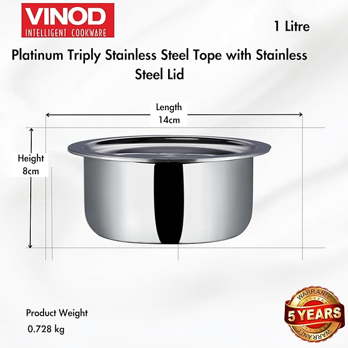 Triply Stainless Steel Tope with Lid - 1 L, 14 cm, Boiling Tope for Kitchen
