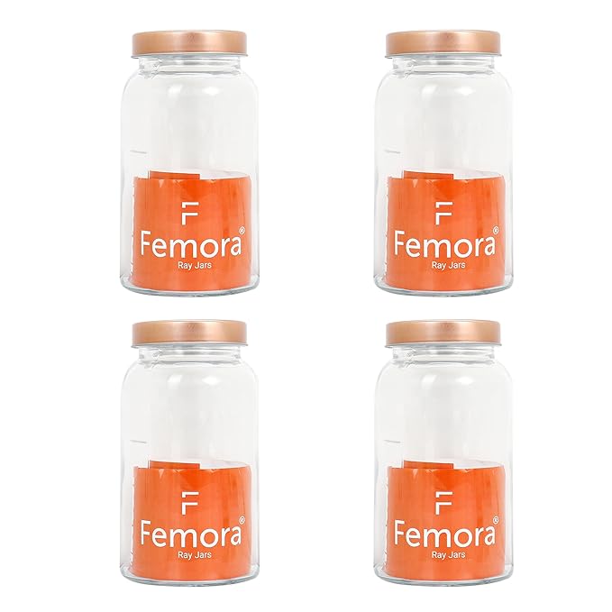Kitchen Storage Jars Clear Glass Jar With Steel Lid Air Tight Jar, 1000 ml, Pack of 6, Golden Lid