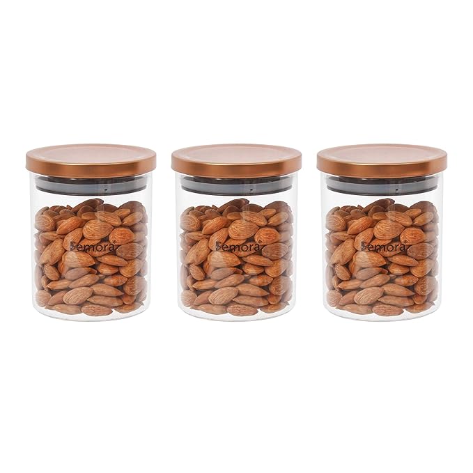 Borosilicate Glass Jar With Golden Metallic Lid, Jars for Kitchen Storage, 600 ml, Set of 3