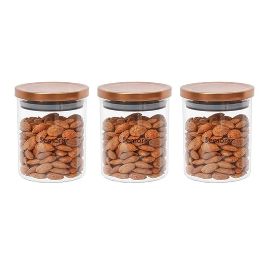 Borosilicate Glass Jar With Golden Metallic Lid, Jars for Kitchen Storage, 600 ml, Set of 3