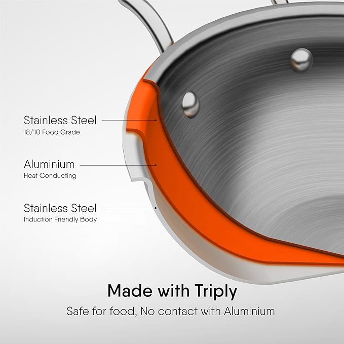 Triply Stainless Steel Round Bottom Kadhai With Lid, Extra Deep Kadai, 2.3 L, 22 cm