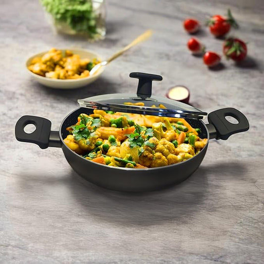 Non Stick Kadai With Lid 24 cm, Induction Kadai, Granite Stone Kadhai With Glass Lid, Biryani Pot, 2.4 L