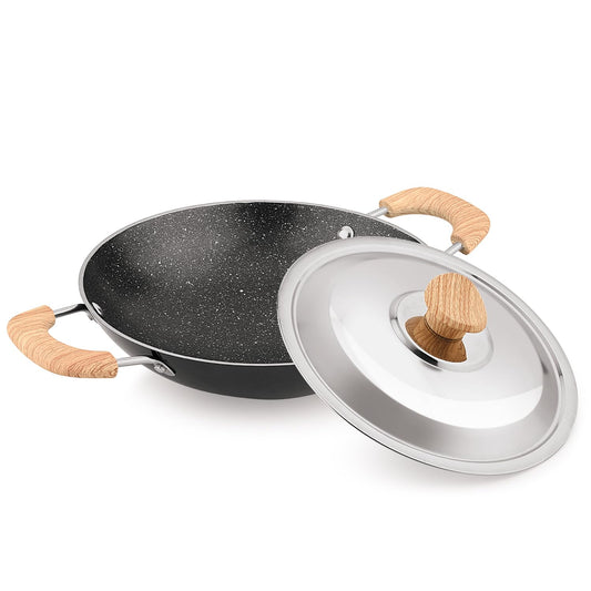 Plus Aura 5-layer Non-stick 20 cm Appachetty With Stainless Steel Lid, Wooden Finish Soft Touch Handle