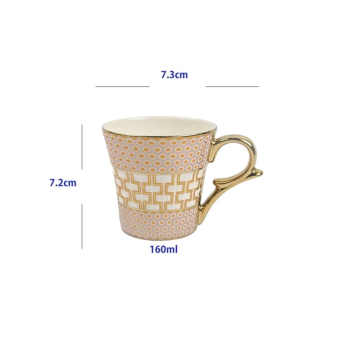 Honey Comb on Golden Mugs, Ceramic Tea Cups, Coffee Mugs, 160 ml, Golden, 6 Pieces Set