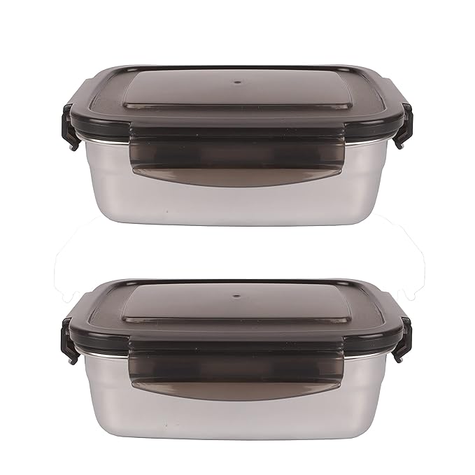 High Steel Square Container Airtight Leakproof Unbreakable Storage Container/ Lunch Box, 350 ml, Set of 2
