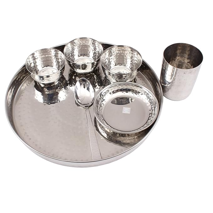 Stainless Steel Dinner Set/Thali Set of 1 Plate 1 Small Plate 3 Bowls, 1 Glass & 1 Spoon (7 Pieces)