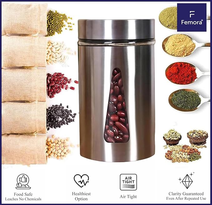 Kitchen Storage Jars Steel Finish With See Through Window Jar, 700 ml, Pack of 6, Silver