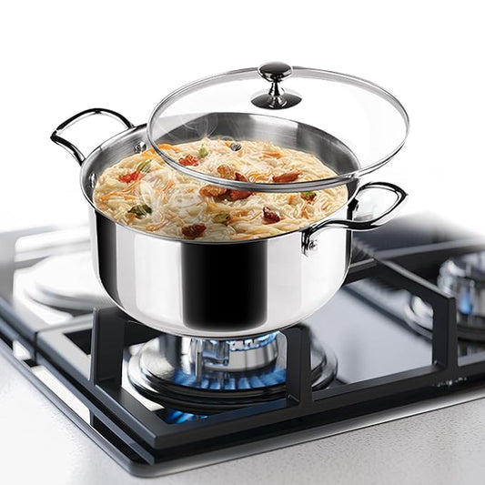 Triply Stainless-Steel Sandwich Bottom Casserole Handi/Stock Pot/Biryani Pot with Glass Lid 26 cm