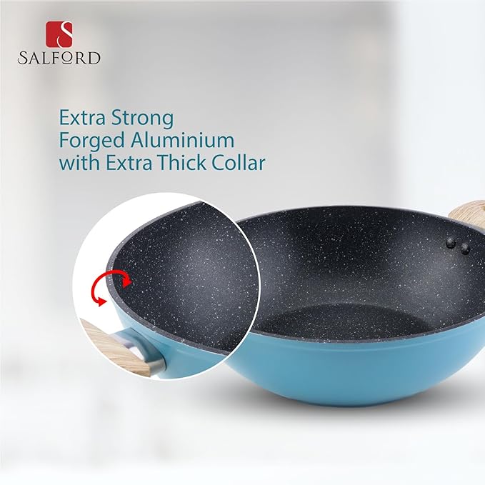 Forged Non-stick Kadhai + Glass Lid With Soft Touch Wooden Handle, Black Spatter Finish Dusty Blue- 240 mm